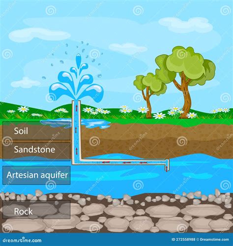 Ilustración de un ecosistema natural con agua filtrándose a través de capas de tierra y roca