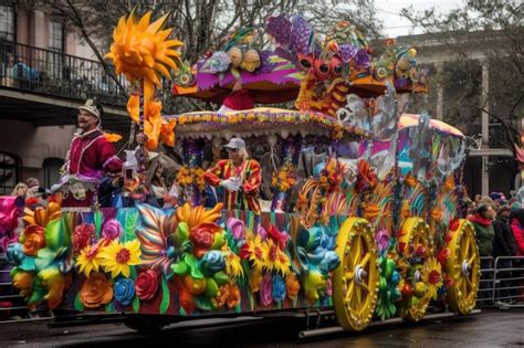 Carrozas elaboradas y multitudes en un desfile de Mardi Gras