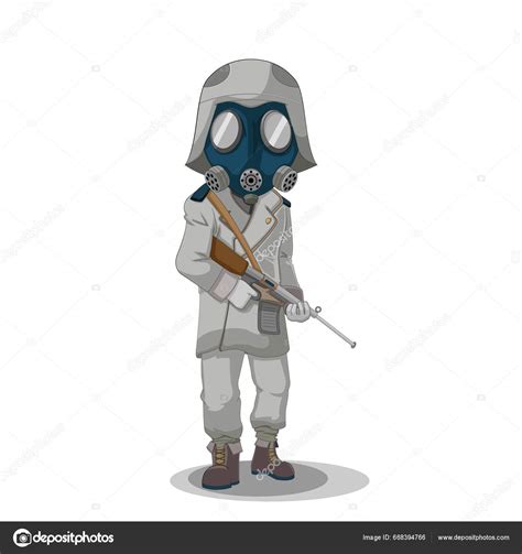 Ilustración histórica de un soldado usando una máscara de gas primitiva