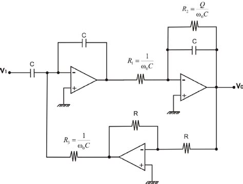 Diagrama de un filtro de variable de estado con salidas de paso alto, paso bajo y paso banda