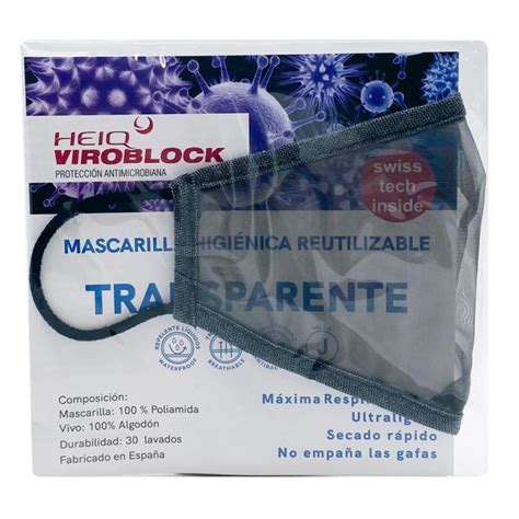 Fotografía de una mascarilla higiénica transparente talla M con detalles de su diseño