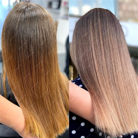 Imagen comparativa de un cabello teñido antes y después de usar una mascarilla tono sobre tono