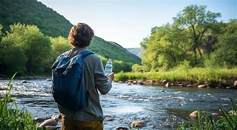 Persona bebiendo agua de un filtro portátil en la naturaleza