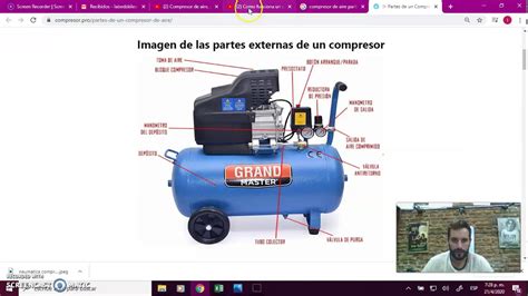 Ilustración de un compresor de aire con sus componentes principales etiquetados