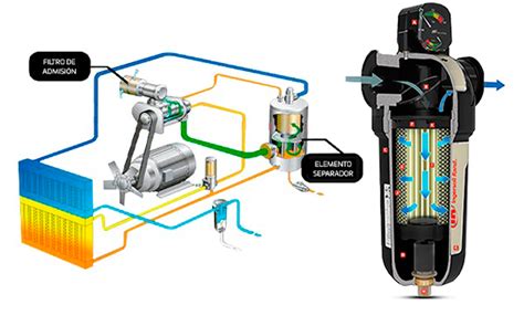 Diagrama detallado de un filtro de aire de compresor, mostrando el medio filtrante y la carcasa