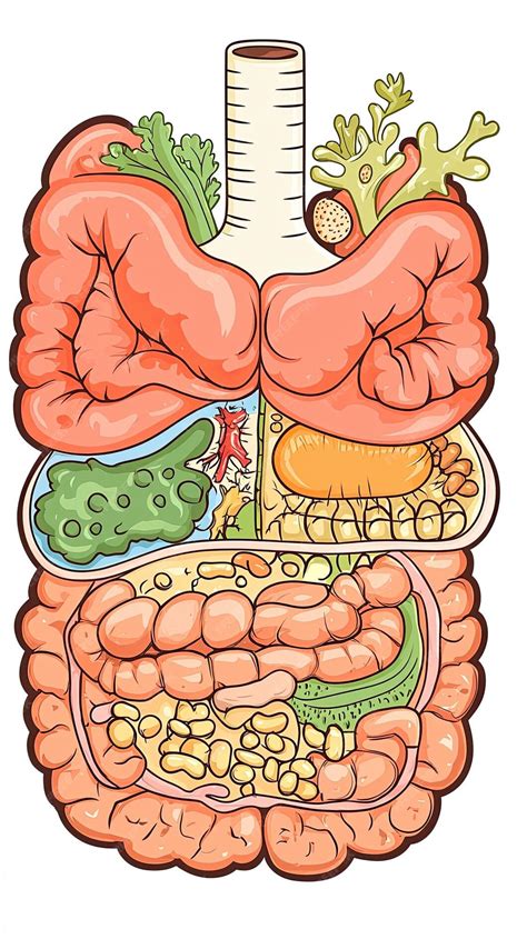 Ilustración del sistema digestivo humano destacando el hígado y los riñones.