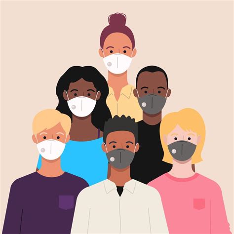 Ilustración de personas usando mascarillas faciales en un entorno urbano