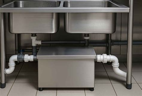 Ilustración de una cocina con una trampa de grasa bajo el fregadero