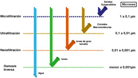 Diagrama ilustrativo de los diferentes tipos de filtración por membrana