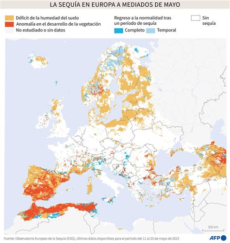 Mapa de Europa con regiones afectadas por sequía