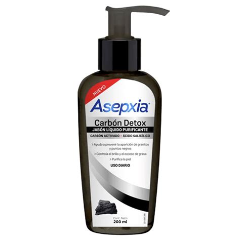 Un frasco de jabón líquido Asepxia Carbón Detox sobre un fondo limpio y moderno