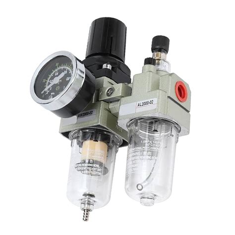 Ilustración de una unidad FRL completa con sus tres componentes: filtro, regulador y lubricador.