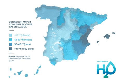 Mapa de España mostrando la dureza del agua por regiones