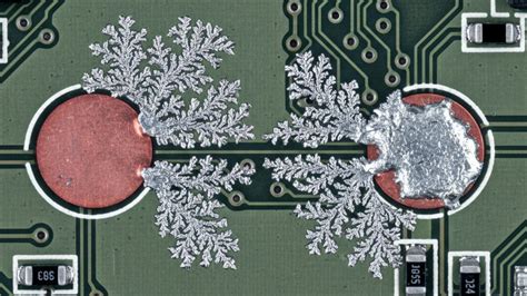 Ilustración del crecimiento de dendritas en una PCB