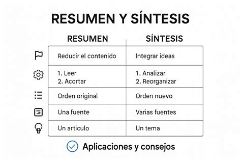 Infografía comparando resumen, síntesis y discusión