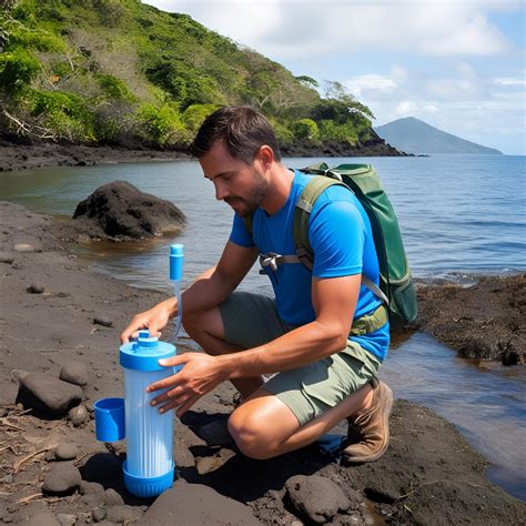 Persona usando un filtro de agua portátil en un entorno natural