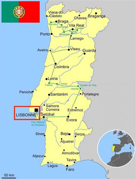 Mapa de Portugal con Lisboa resaltada