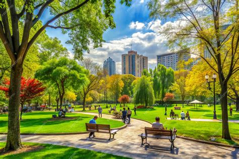 Primavera en un parque con personas estudiando