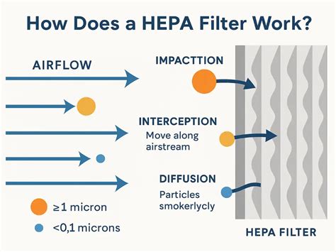 Diagrama ilustrando los mecanismos de filtración de partículas en un filtro HEPA