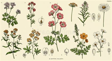 Ilustración botánica detallada de varias plantas medicinales diuréticas