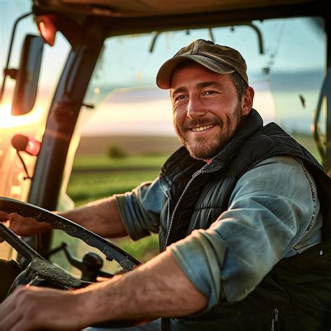 Trabajador agrícola joven sonriendo mientras conduce un tractor