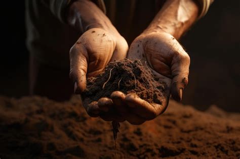 Manos de un agricultor sosteniendo tierra fértil