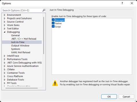 Cuadro de diálogo de Depuración Just-In-Time en Visual Studio
