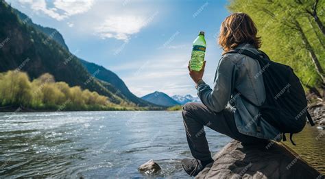 Persona bebiendo agua de una botella filtradora en un entorno natural