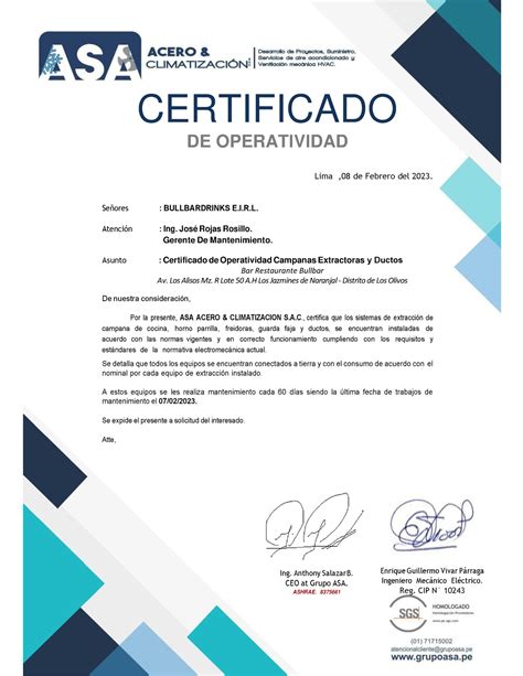 Certificado de limpieza oficial de campana extractora
