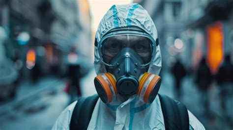Persona con máscara de gas en un entorno urbano.