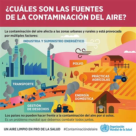 Infografía mostrando los diferentes tipos de contaminantes del aire y sus fuentes