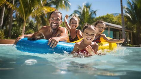Una familia disfrutando en una piscina desmontable en un jardín soleado
