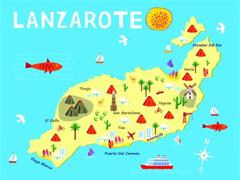 Mapa de Lanzarote destacando las zonas de Teguise, Playa Blanca y Arrecife