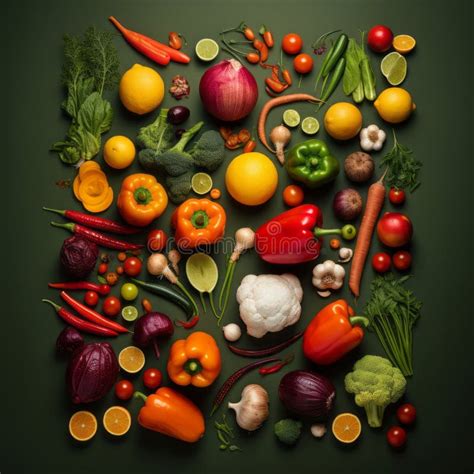 Ilustración de frutas y verduras frescas dispuestas de forma atractiva.