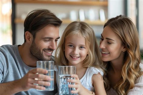 Familia bebiendo agua pura de un grifo