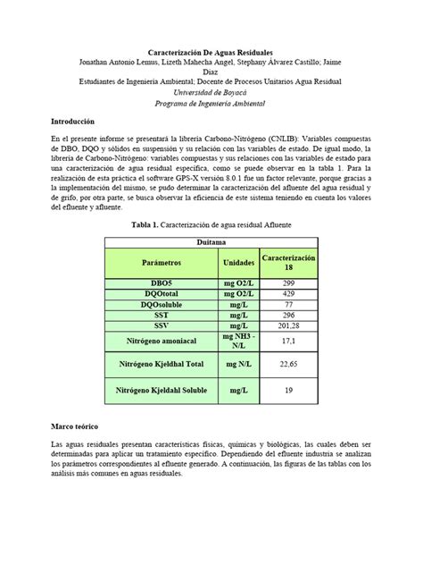 Tabla de parámetros de caracterización de aguas residuales