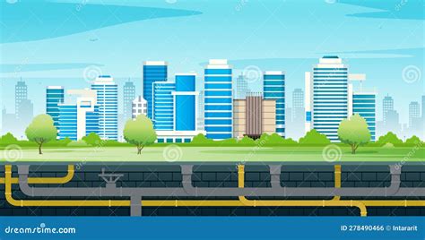 Ilustración de una red de tuberías subterráneas bajo una ciudad