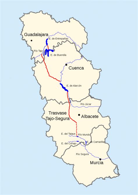 Mapa de la cuenca del Segura y zonas de influencia del Trasvase Tajo-Segura
