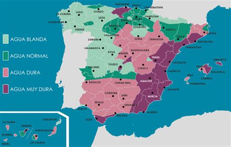 Mapa de España señalando zonas con diferentes durezas de agua
