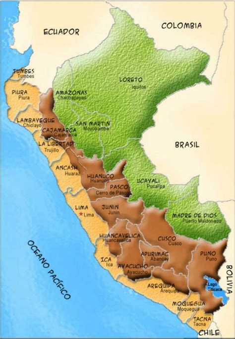 Mapa de Perú destacando las diferentes regiones geográficas (costa, sierra, selva).