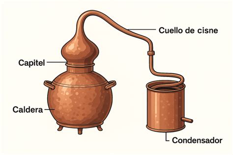 Esquema de un alambique casero con olla, hornillo y serpentín