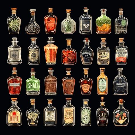 Botellas de destilados caseros con etiquetas