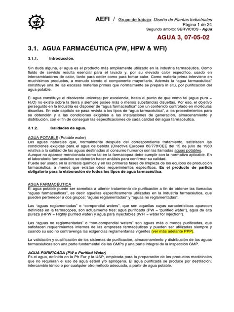 Gráfico comparativo de especificaciones de agua según farmacopeas