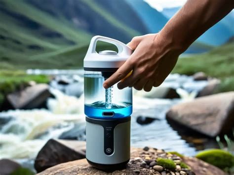 Soldados utilizando un purificador de agua portátil en un campamento militar