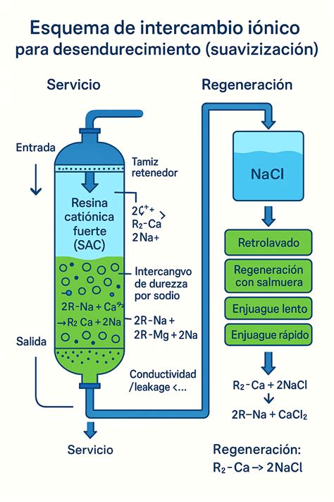 Infografía explicando el proceso de intercambio iónico en descalcificadores de sal