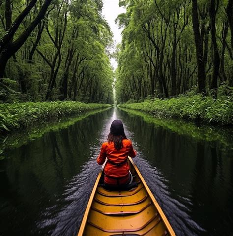 Canoa navegando por un canal estrecho rodeado de vegetación exuberante