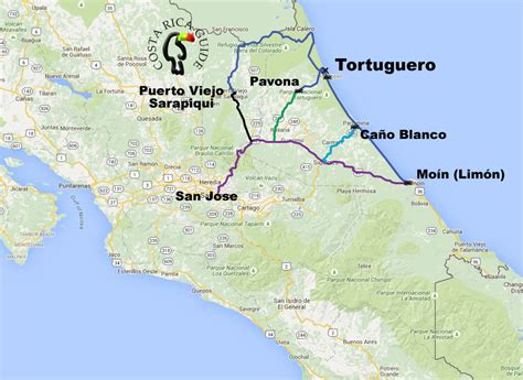 Mapa de Costa Rica destacando la ubicación de Tortuguero