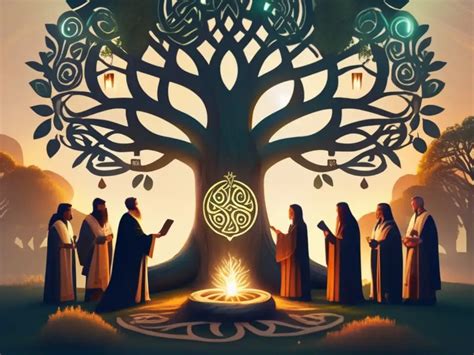 Ilustración de druidas celtas encendiendo una hoguera