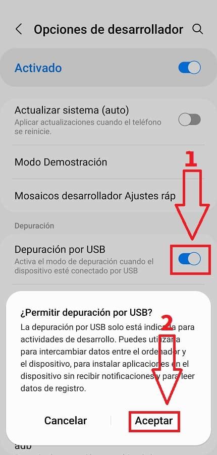 Diagrama de flujo para activar la depuración USB en Android