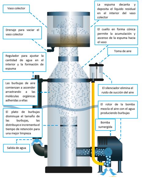 Esquema de funcionamiento de un skimmer de proteínas